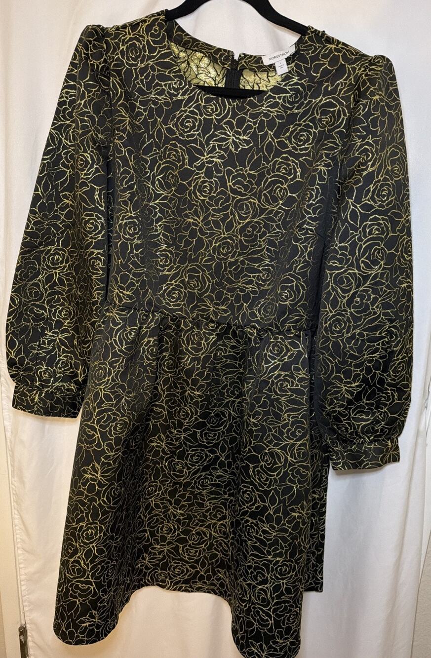 Nordstrom Women’s Cotton Blend Black & Gold Beautiful Flare Dress Size Large New